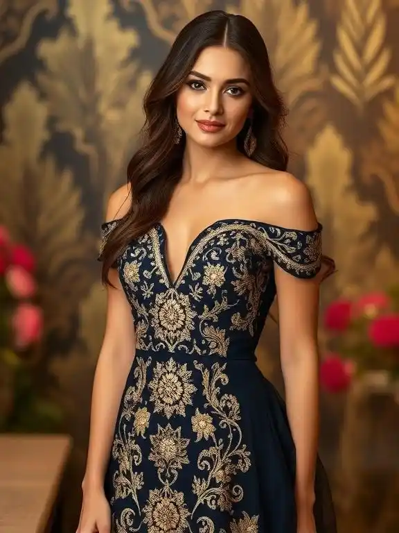 A gold embroidered off-shoulder dress, featuring intricate embroidery and a flattering neckline for a graceful, elegant look.