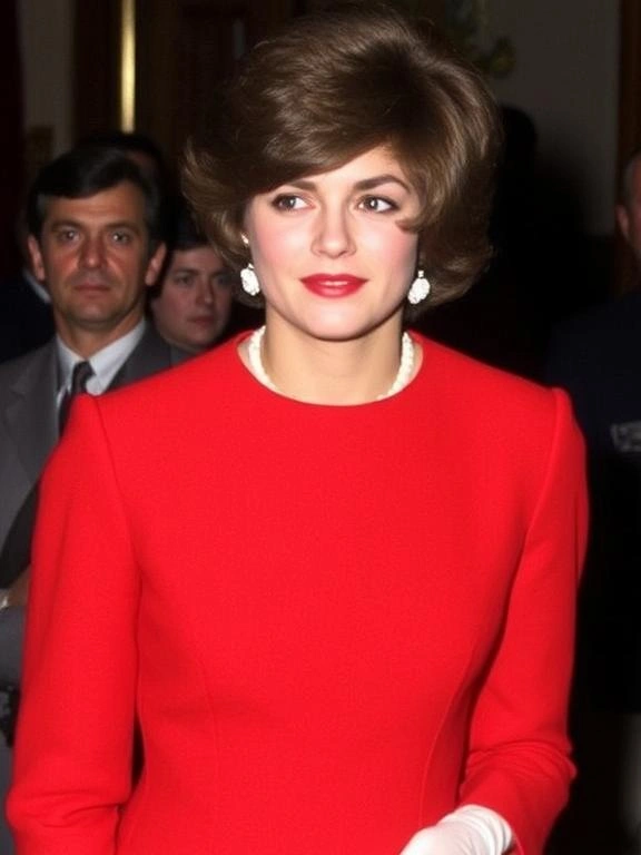 Jackie Kennedy in a tailored suit, embodying her iconic, elegant First Lady style.