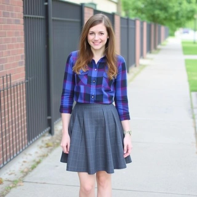 Retro-inspired flare skirt paired with a cropped flannel shirt for a trendy vintage look.