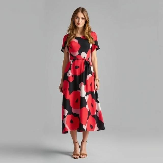 A confident woman wearing a bold print midi dress, styled with neutral accessories, making a vibrant and stylish fashion statement.