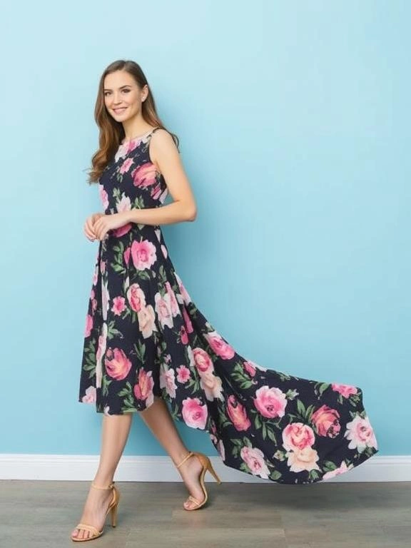 A tea-length floral dress with soft, feminine floral patterns and a flattering, knee-length silhouette perfect for elegant occasions.