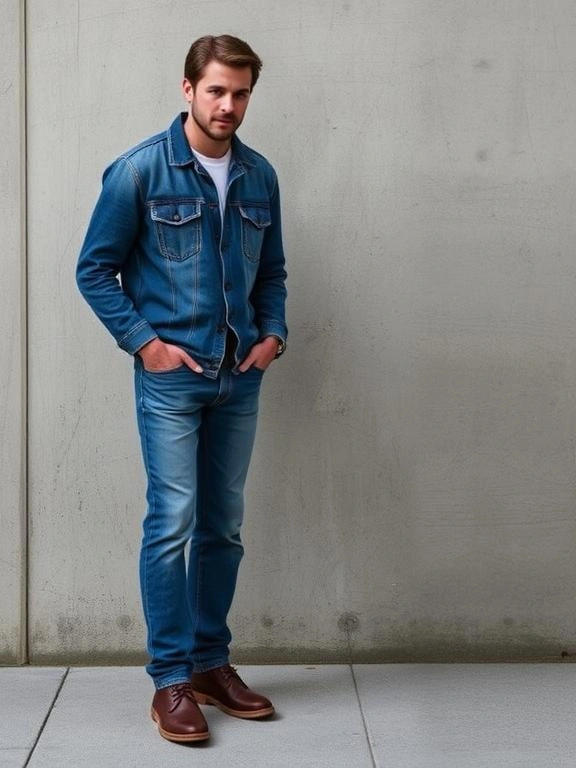 A rugged yet refined denim outfit, featuring a well-fitted jean jacket paired with classic jeans for a versatile, timeless look.