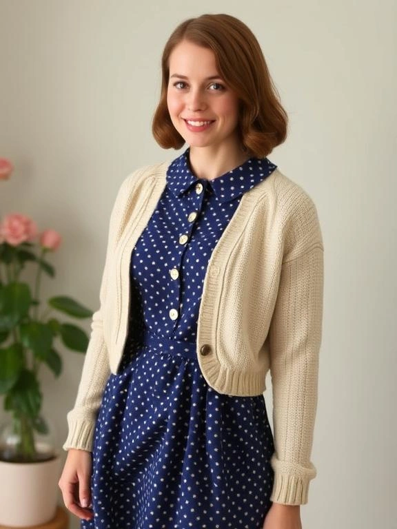 A vintage-style Peter Pan collar dress paired with a cozy cardigan, offering a charming, classic look with a modern twist.