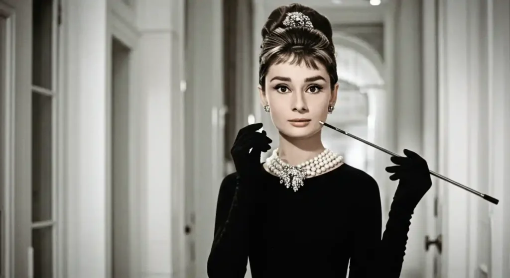 Audrey Hepburn in a sleek black dress with a pearl necklace and her signature updo, radiating timeless grace.