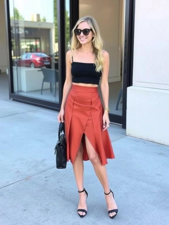 A cropped top paired with a high-waisted skirt, offering a chic and stylish combo that blends modern flair with flattering design.