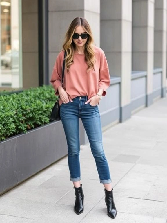 Cropped jeans paired with an oversized blouse, offering a relaxed yet chic outfit for a laid-back yet fashionable look.