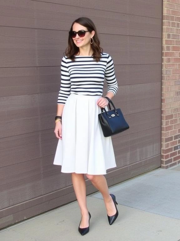 A striped top paired with an A-line skirt, creating a timeless and classic twee look with clean lines and feminine appeal.