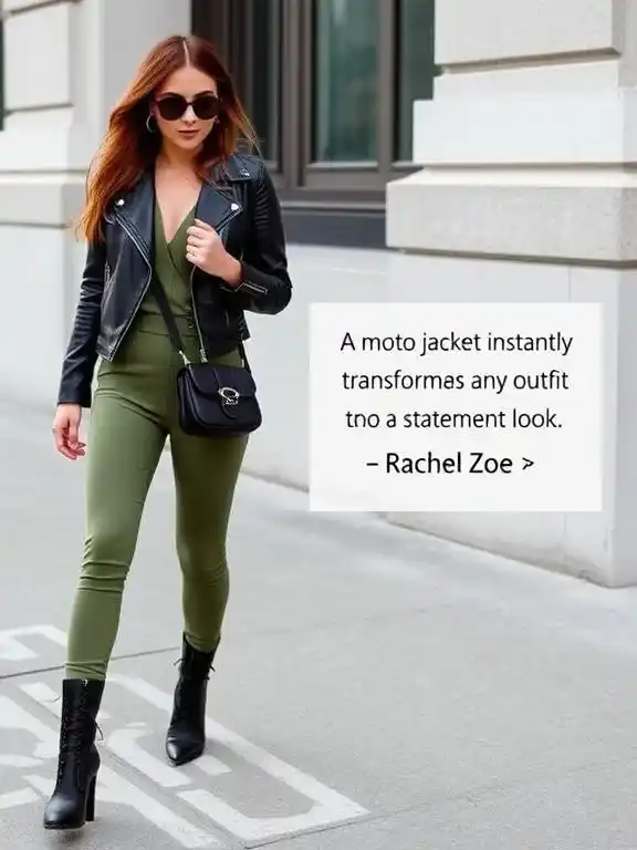 Edgy glam look featuring a matcha jumpsuit paired with a black moto jacket, blending style and boldness