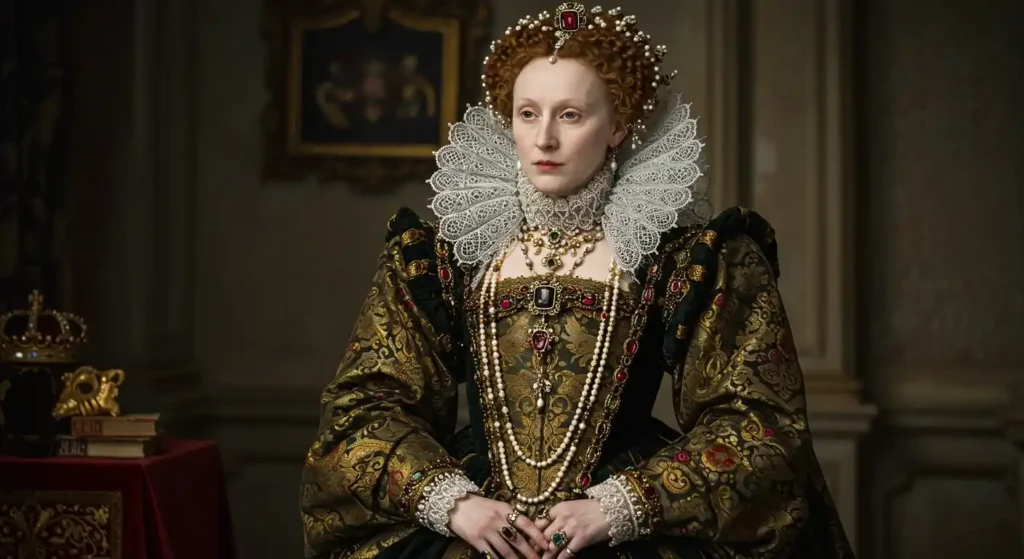 Queen Elizabeth I in a luxurious velvet gown with lace, pearls, and a high collar, radiating royal authority.