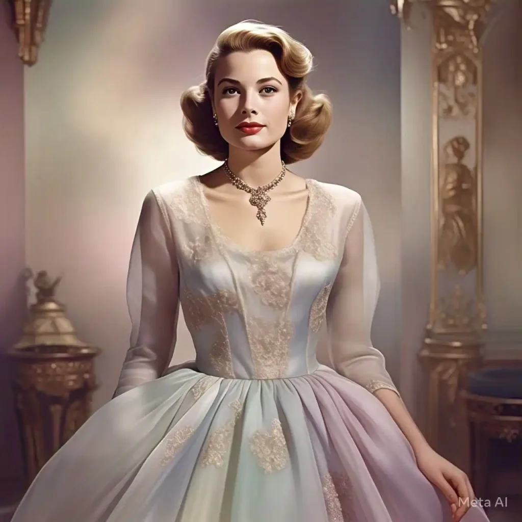 Grace Kelly in an elegant gown, with her classic updo and timeless beauty, embodying Hollywood royalty.