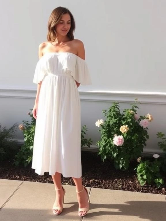 An off-the-shoulder dress, featuring a flattering neckline and flowing design, perfect for a graceful and charming look.