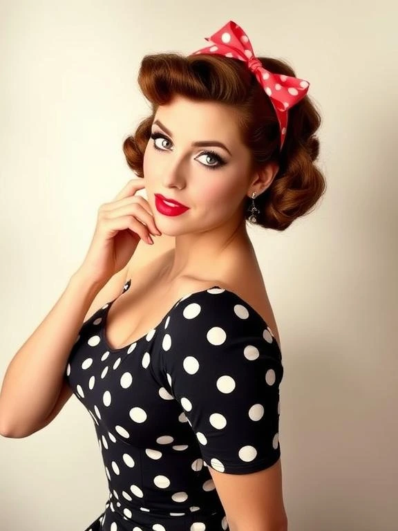 A 1950s-inspired pin-up look featuring a polka dot dress, red lipstick, and victory rolls hairstyle, capturing vintage charm and glamour.