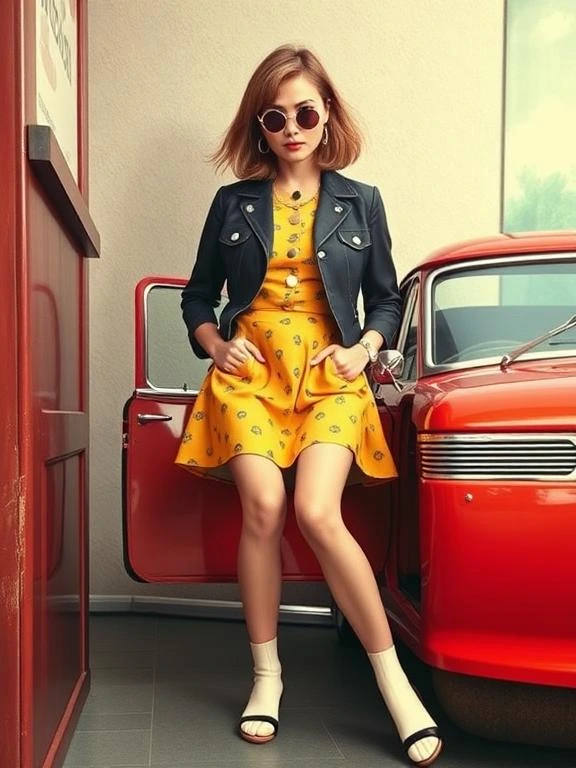 A stylish outfit featuring retro-inspired clothing, like bell-bottoms, graphic tees, and vintage accessories, showing the resurgence of retro fashion.