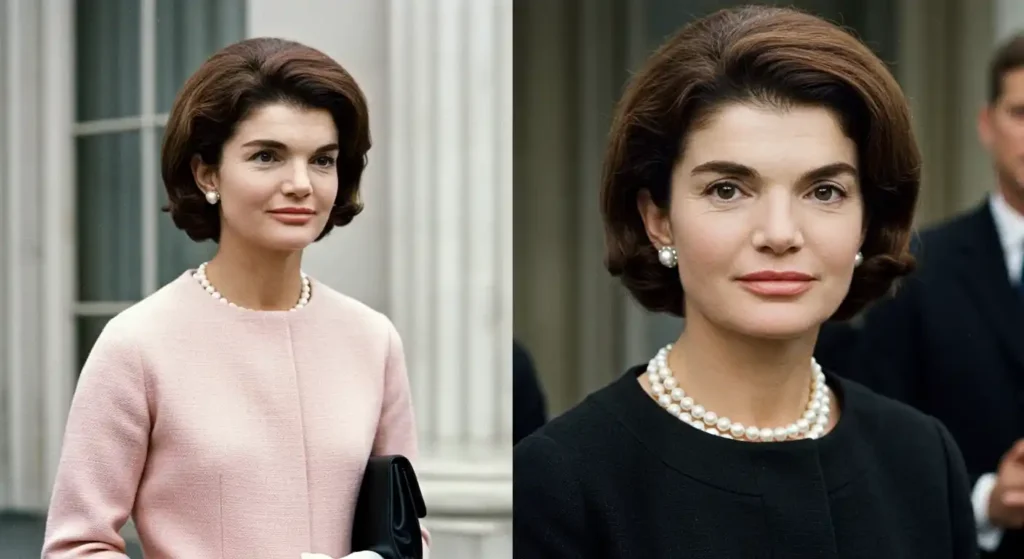 Jackie Kennedy in a tailored suit and pillbox hat, showcasing her iconic, polished First Lady style.