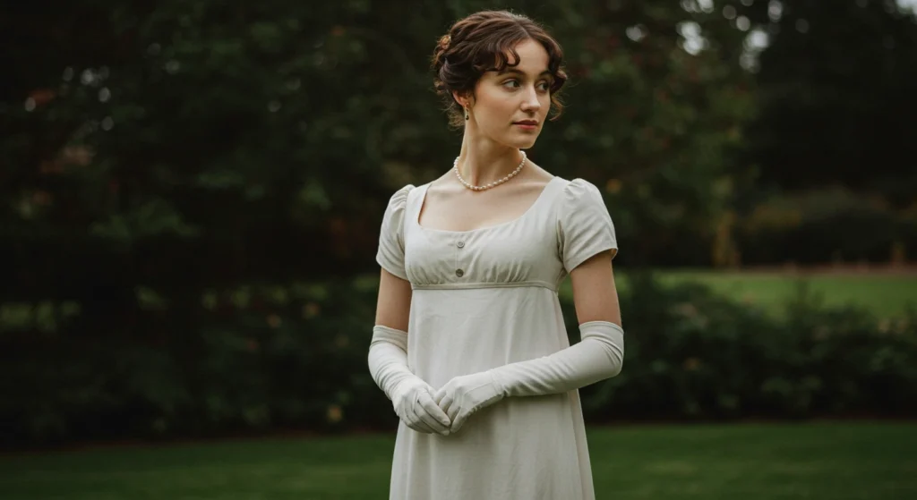 Jane Austen in a simple yet elegant Regency-era dress, with soft curls and a poised expression, reflecting her timeless style.