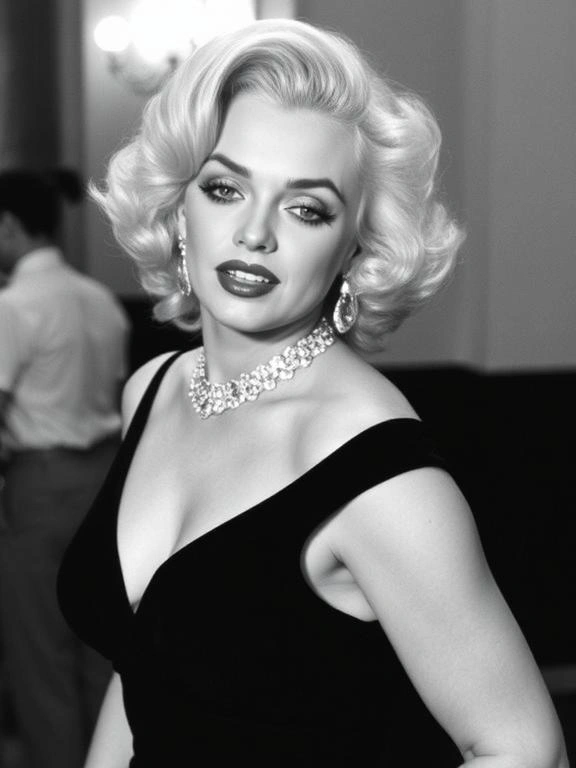 Marilyn Monroe in a glamorous, iconic white dress, exuding timeless elegance and charm.