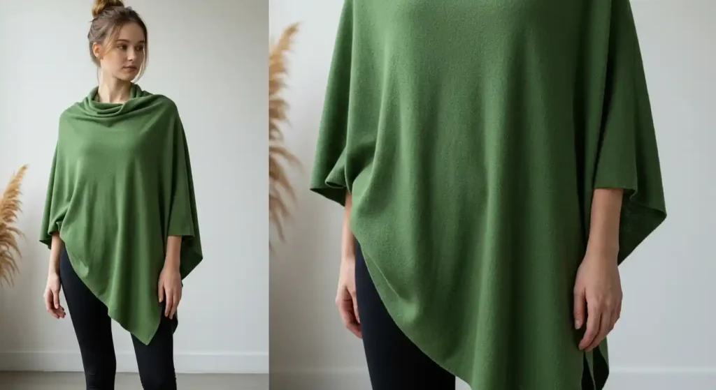 Casual, relaxed look featuring a matcha poncho paired with leggings for ultimate comfort and style.