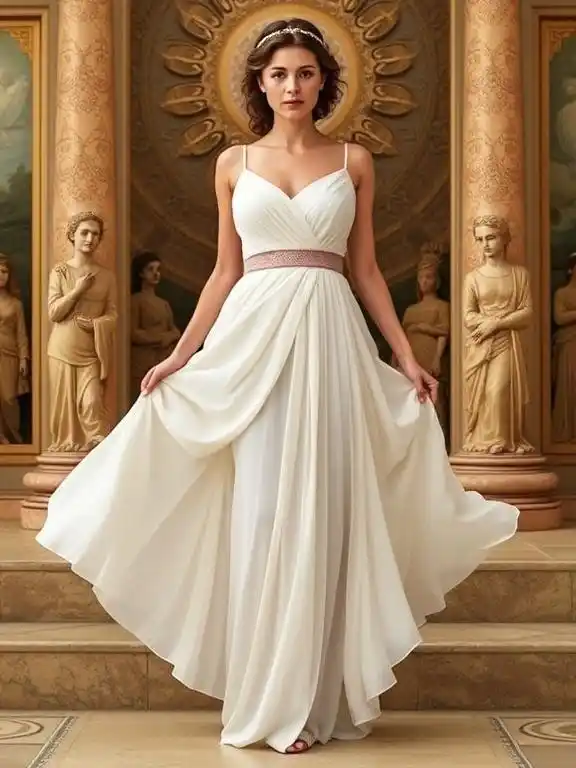 A Grecian goddess dress, featuring draped fabric and a regal silhouette, embodying timeless elegance and royal charm.