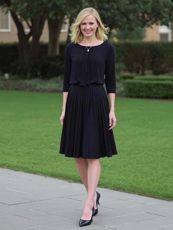 A pleated skirt paired with a blouse, offering a timeless and elegant look with a sophisticated, feminine vibe.