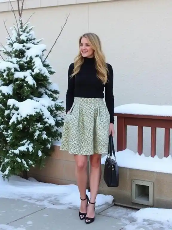 Winter look featuring a matcha skirt paired with a cozy turtleneck sweater, perfect for warmth and style.