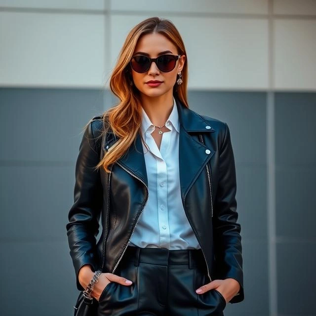 A sleek leather jacket layered over a classic suit for a bold yet refined look.